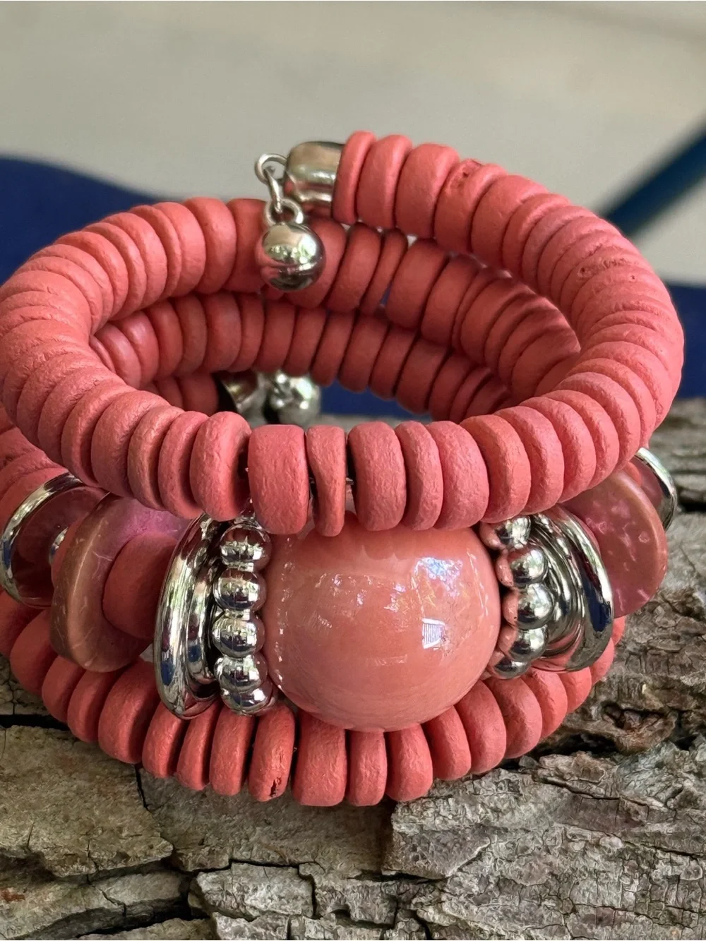 Coral Pink Beaded Coil Bracelet with Silver Accents